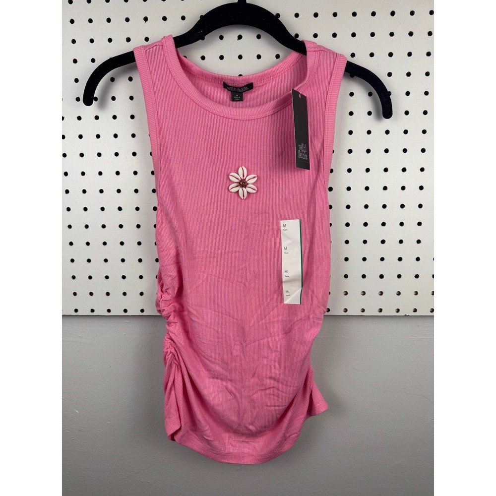 Wild Fable Pink Ribbed Ruched Tank Top Cowrie Shell Flower Detail NWT Medium